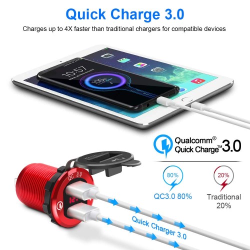 Rocketek 12V/24V 36W Waterproof Aluminum Dual USB Quick Charge 3.0 Charger Socket Power Outlet Adapter with LED Voltmeter